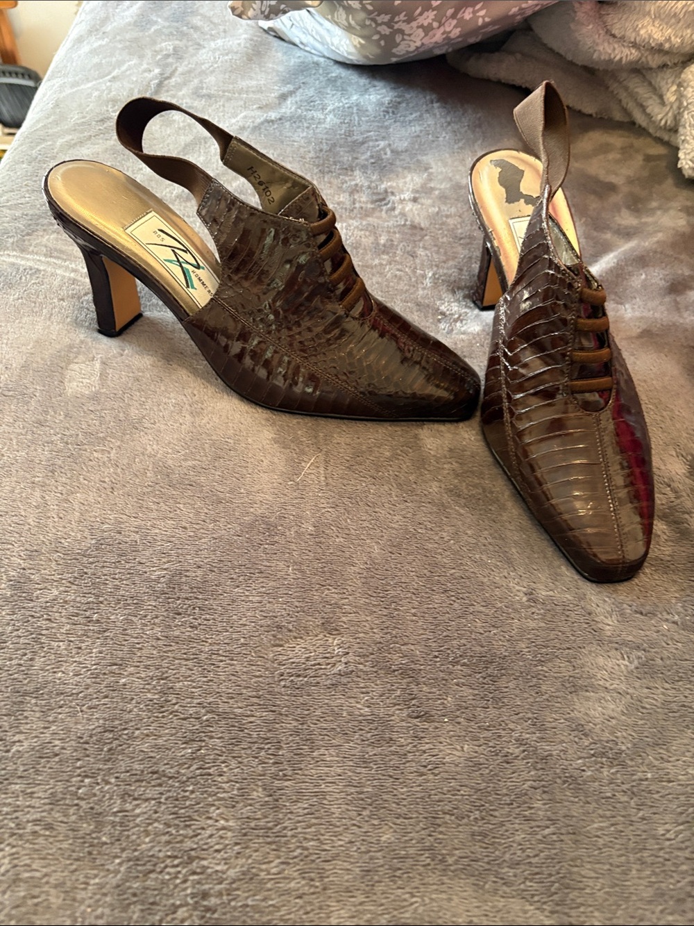 Ros Hommerson Vintage Brown Patent Reptile Lace Up Slingback Block Heels sz7WW